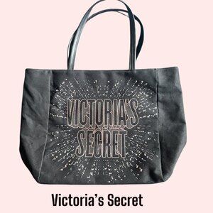 Victoria's Secret Black Rose Gold Logo Beach Tote Bag Shiny Metallic EUC